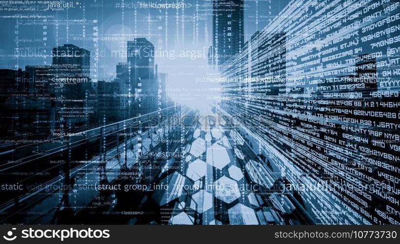 Software development, application programming code and tacit computer coding . Concept of smart digital transformation and technology disruption that changes global trends in new information era .. Software development, application programming code and tacit computer coding