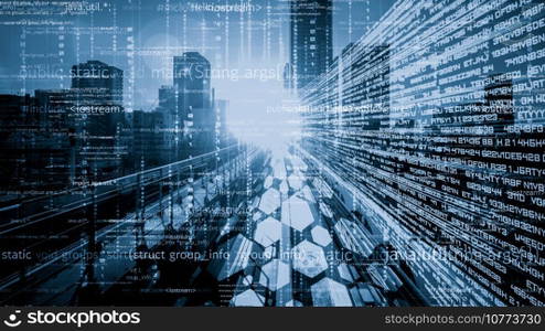 Software development, application programming code and tacit computer coding . Concept of smart digital transformation and technology disruption that changes global trends in new information era .. Software development, application programming code and tacit computer coding