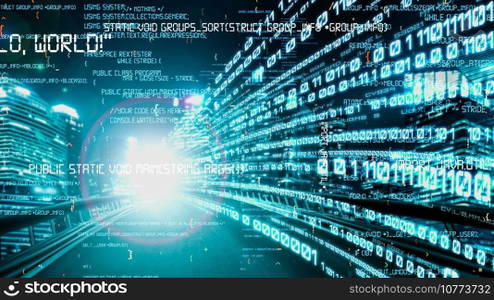 Software development, application programming code and tacit computer coding . Concept of smart digital transformation and technology disruption that changes global trends in new information era .. Software development, application programming code and tacit computer coding