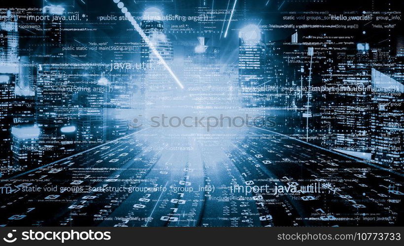 Software development, application programming code and tacit computer coding . Concept of smart digital transformation and technology disruption that changes global trends in new information era .. Software development, application programming code and tacit computer coding