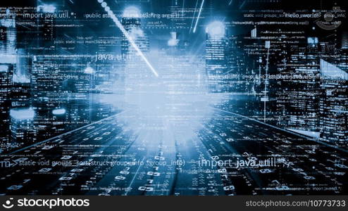 Software development, application programming code and tacit computer coding . Concept of smart digital transformation and technology disruption that changes global trends in new information era .. Software development, application programming code and tacit computer coding