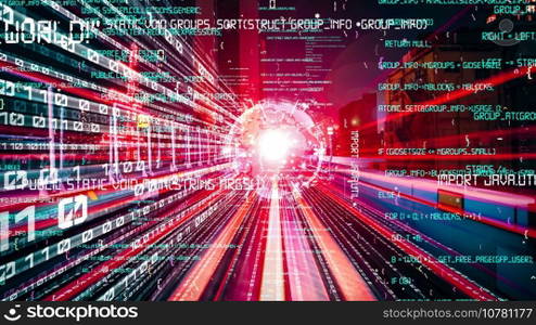 Software development, application programming code and tacit computer coding . Concept of smart digital transformation and technology disruption that changes global trends in new information era .. Software development, application programming code and tacit computer coding
