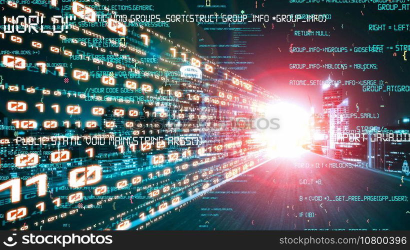 Software development, application programming code and tacit computer coding . Concept of smart digital transformation and technology disruption that changes global trends in new information era .. Software development, application programming code and tacit computer coding