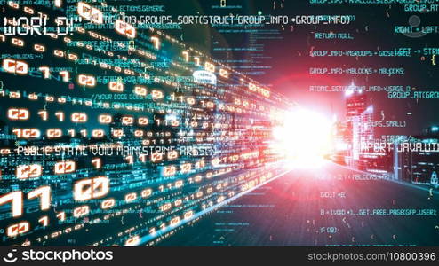 Software development, application programming code and tacit computer coding . Concept of smart digital transformation and technology disruption that changes global trends in new information era .. Software development, application programming code and tacit computer coding