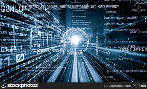 Software development, application programming code and tacit computer coding . Concept of smart digital transformation and technology disruption that changes global trends in new information era .. Software development, application programming code and tacit computer coding