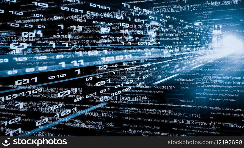 Software development, application programming code and tacit computer coding . Concept of smart digital transformation and technology disruption that changes global trends in new information era .. Software development, application programming code and tacit computer coding