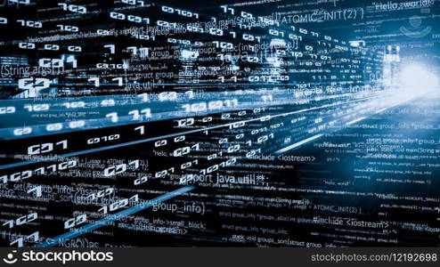 Software development, application programming code and tacit computer coding . Concept of smart digital transformation and technology disruption that changes global trends in new information era .. Software development, application programming code and tacit computer coding