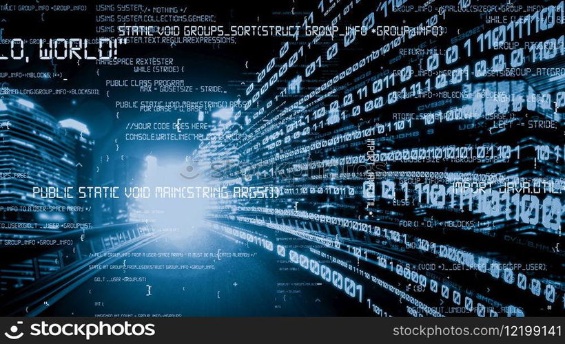 Software development, application programming code and tacit computer coding . Concept of smart digital transformation and technology disruption that changes global trends in new information era .. Software development, application programming code and tacit computer coding