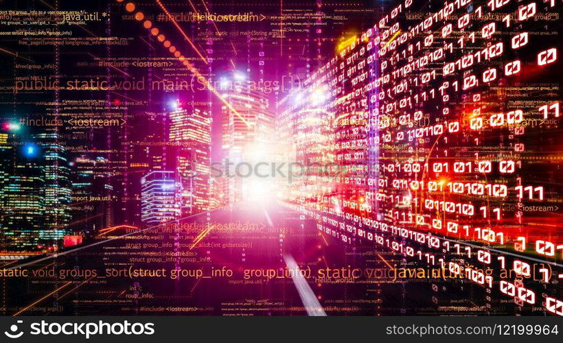 Software development, application programming code and tacit computer coding . Concept of smart digital transformation and technology disruption that changes global trends in new information era .. Software development, application programming code and tacit computer coding