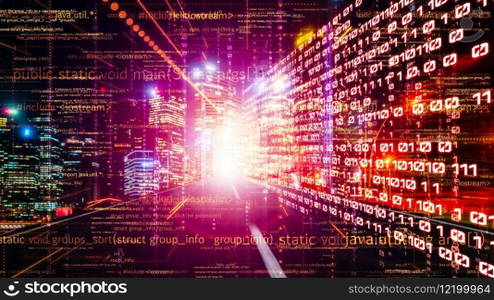 Software development, application programming code and tacit computer coding . Concept of smart digital transformation and technology disruption that changes global trends in new information era .. Software development, application programming code and tacit computer coding
