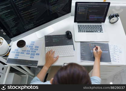 Software development concept, Male programmer pointing on data code to checking website programming.