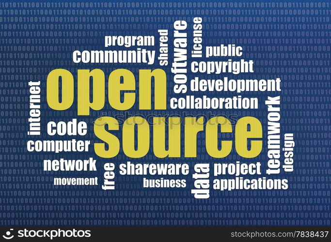 software development concept - open source word cloud on a binary computer screen background