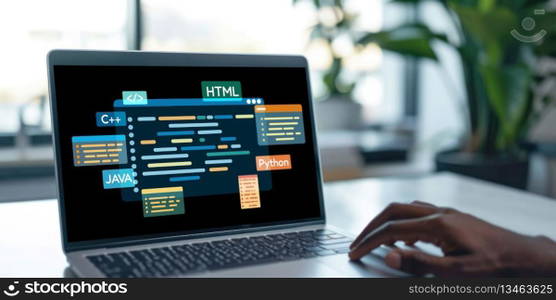 Software development or programming work with coding screen of various programming languages like HTML, Python, Java, and C brisk for new application development. Software development or programming work with coding screen brisk
