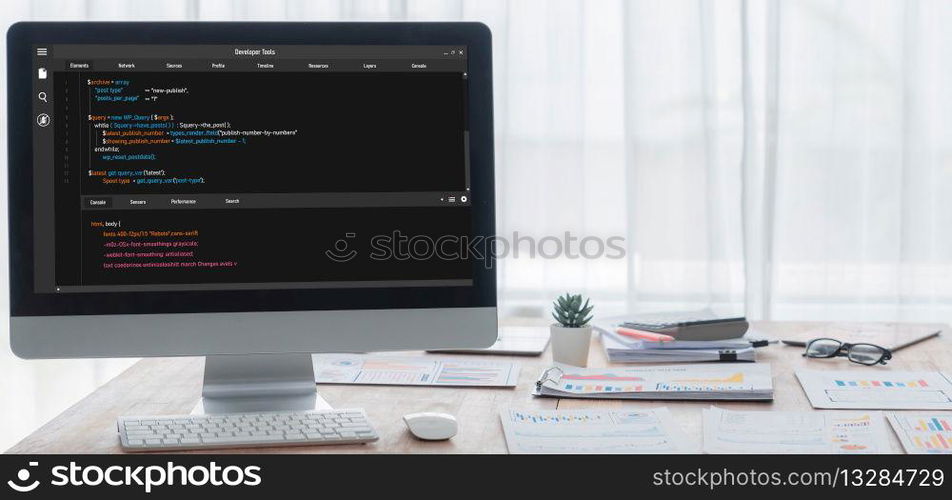 Software development programming on computer screen for brisk application and program coding. Software development programming on computer screen for brisk application