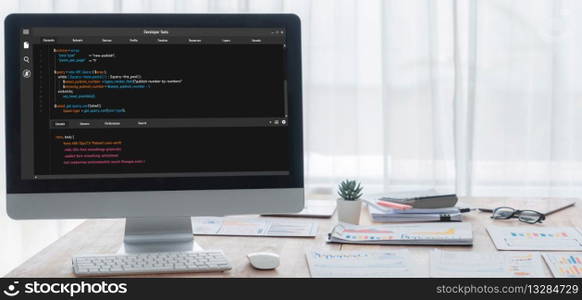 Software development programming on computer screen for brisk application and program coding. Software development programming on computer screen for brisk application