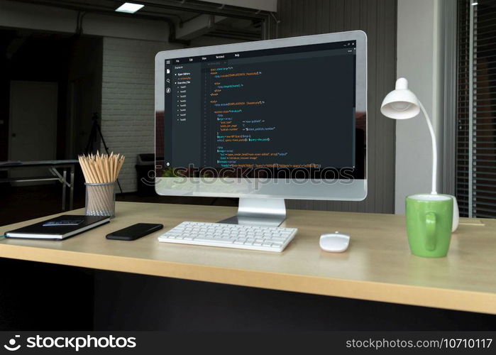 Software development programming on computer screen for modish application and program coding. Software development programming on computer screen for modish application