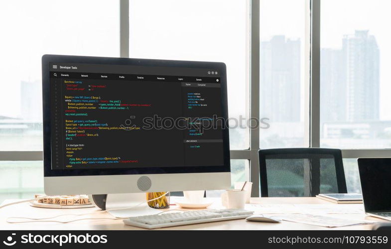 Software development programming on computer screen for modish application and program coding. Software development programming on computer screen for modish application