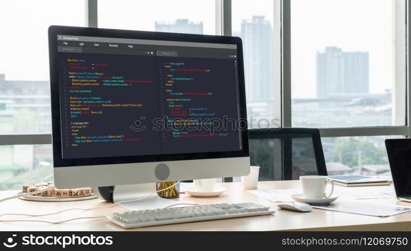 Software development programming on computer screen for modish application and program coding. Software development programming on computer screen for modish application