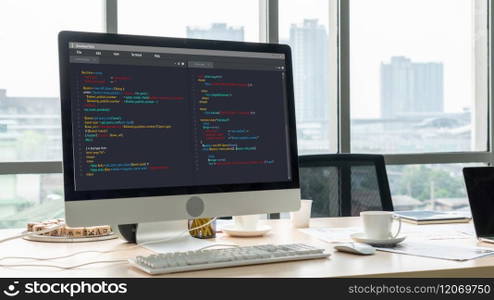 Software development programming on computer screen for modish application and program coding. Software development programming on computer screen for modish application