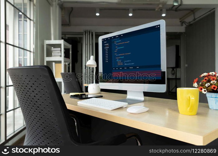 Software development programming on computer screen for modish application and program coding. Software development programming on computer screen for modish application