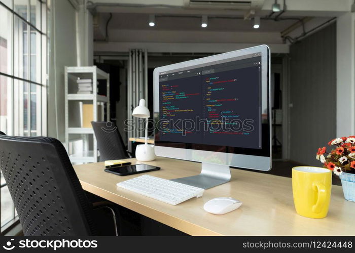 Software development programming on computer screen for modish application and program coding. Software development programming on computer screen for modish application