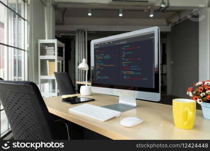 Software development programming on computer screen for modish application and program coding. Software development programming on computer screen for modish application