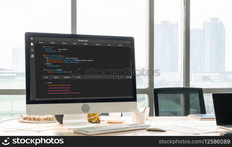 Software development programming on computer screen for modish application and program coding. Software development programming on computer screen for modish application