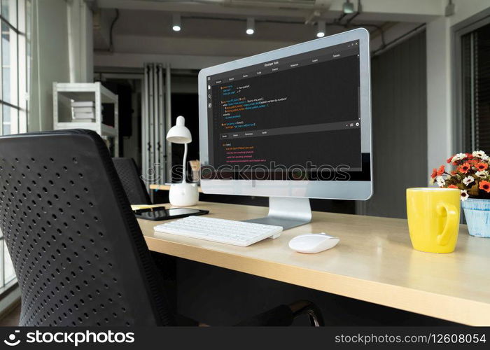 Software development programming on computer screen for modish application and program coding. Software development programming on computer screen for modish application
