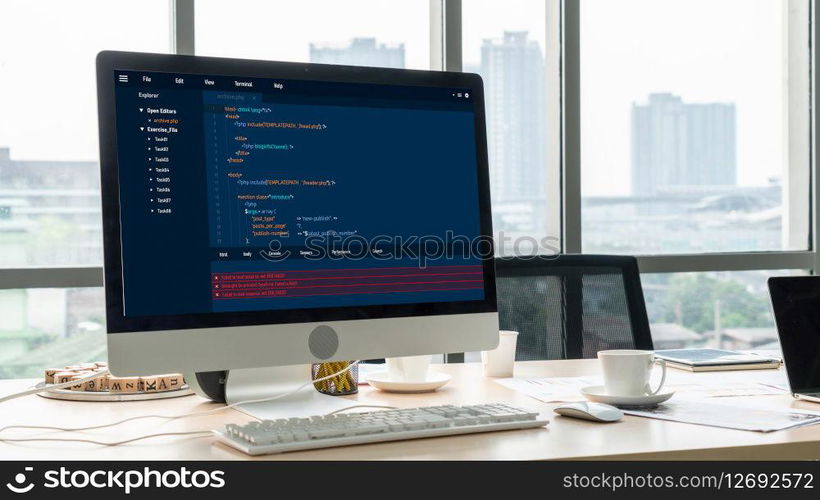 Software development programming on computer screen for modish application and program coding. Software development programming on computer screen for modish application
