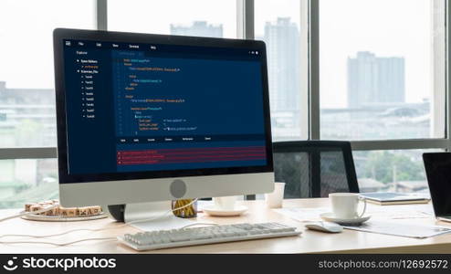 Software development programming on computer screen for modish application and program coding. Software development programming on computer screen for modish application