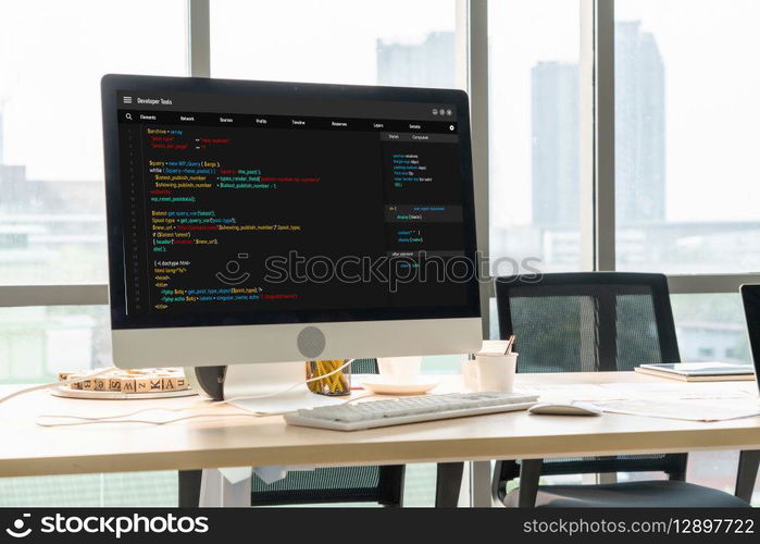 Software development programming on computer screen for modish application and program coding. Software development programming on computer screen for modish application