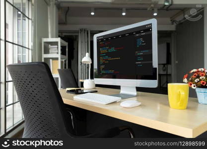 Software development programming on computer screen for modish application and program coding. Software development programming on computer screen for modish application