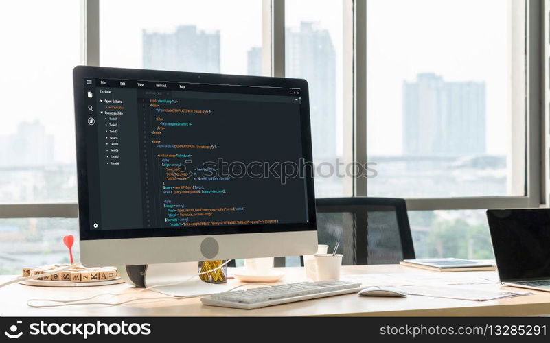 Software development programming on computer screen for modish application and program coding. Software development programming on computer screen for modish application