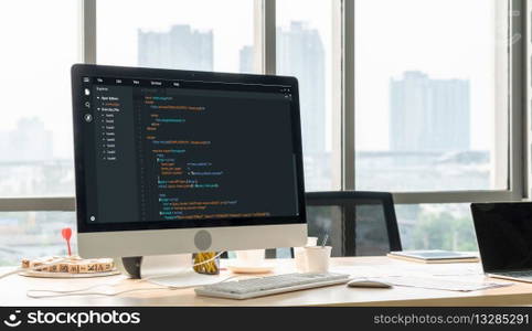 Software development programming on computer screen for modish application and program coding. Software development programming on computer screen for modish application