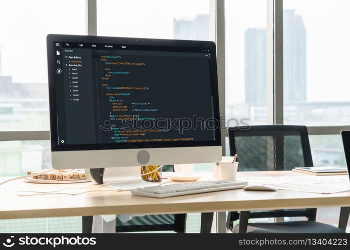 Software development programming on computer screen for modish application and program coding. Software development programming on computer screen for modish application