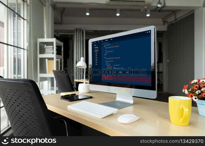Software development programming on computer screen for modish application and program coding. Software development programming on computer screen for modish application