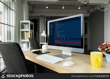 Software development programming on computer screen for modish application and program coding. Software development programming on computer screen for modish application