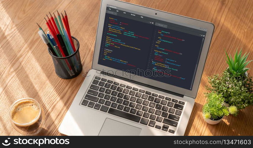 Software development programming on computer screen for modish application and program coding. Software development programming on computer screen for modish application