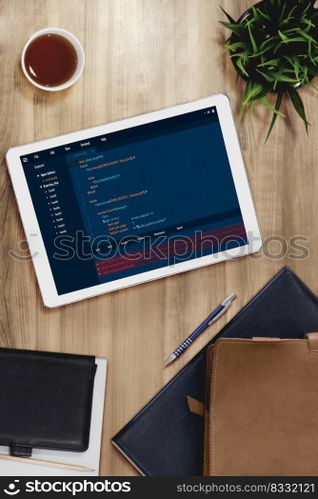 Software development programming on computer screen for modish application and program coding. Software development programming on computer screen for modish application