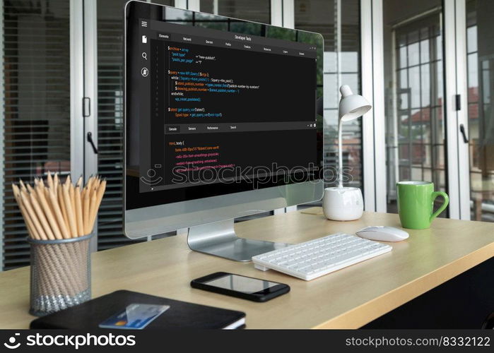 Software development programming on computer screen for modish application and program coding. Software development programming on computer screen for modish application