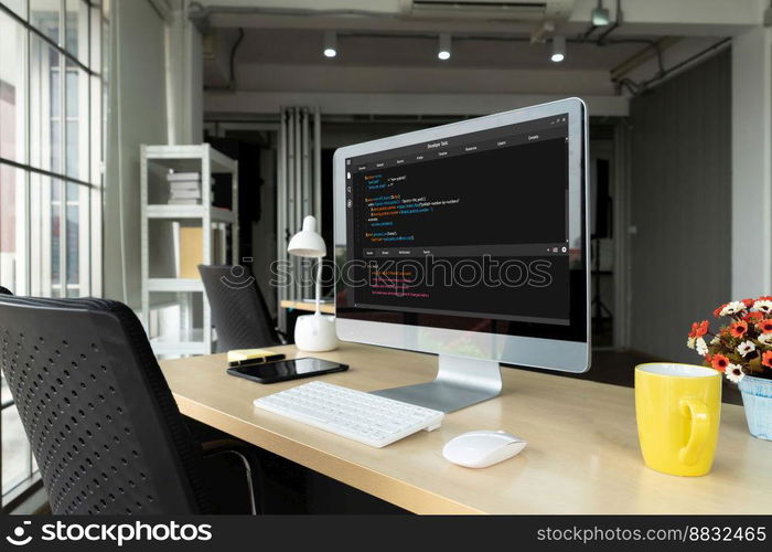 Software development programming on computer screen for modish application and program coding. Software development programming on computer screen for modish application