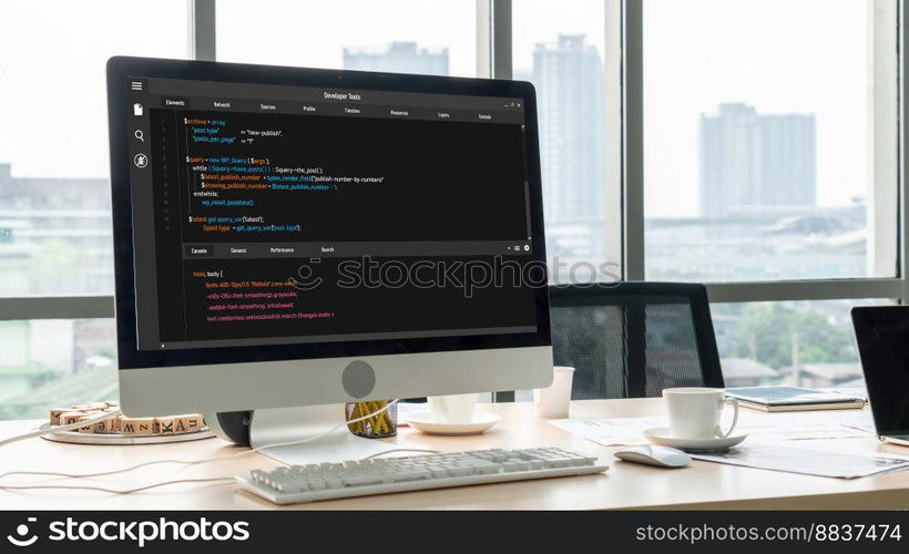 Software development programming on computer screen for modish application and program coding. Software development programming on computer screen for modish application