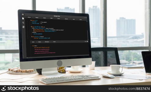 Software development programming on computer screen for modish application and program coding. Software development programming on computer screen for modish application