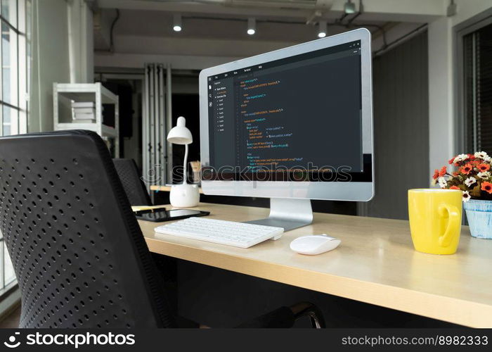 Software development programming on computer screen for modish application and program coding. Software development programming on computer screen for modish application