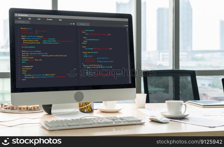 Software development programming on computer screen for modish application and program coding. Software development programming on computer screen for modish application