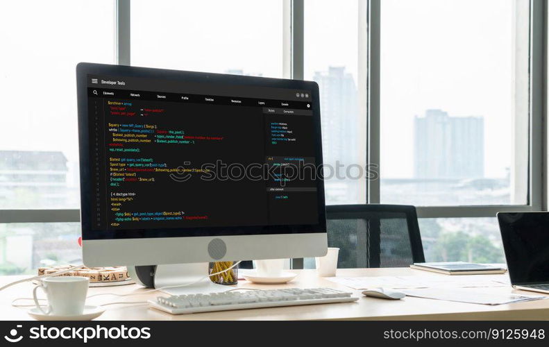 Software development programming on computer screen for modish application and program coding. Software development programming on computer screen for modish application