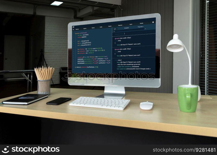 Software development programming on computer screen for modish application and program coding. Software development programming on computer screen for modish application