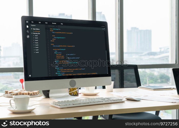 Software development programming on computer screen for modish application and program coding. Software development programming on computer screen for modish application