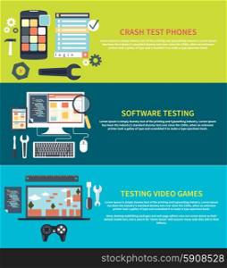 Software development workflow process coding testing analysis concept banner in flat design. Testing video games. Game development concept with item icons. Repairing mobile phone concept. Crash test phones