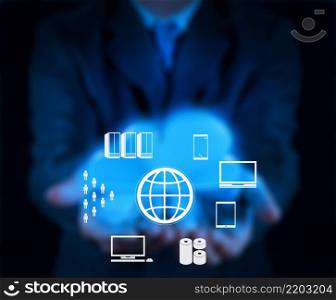 Software Engineer Businessman hands show all innovation technology virtual dashboard and 3d world and elements of innovation concept.